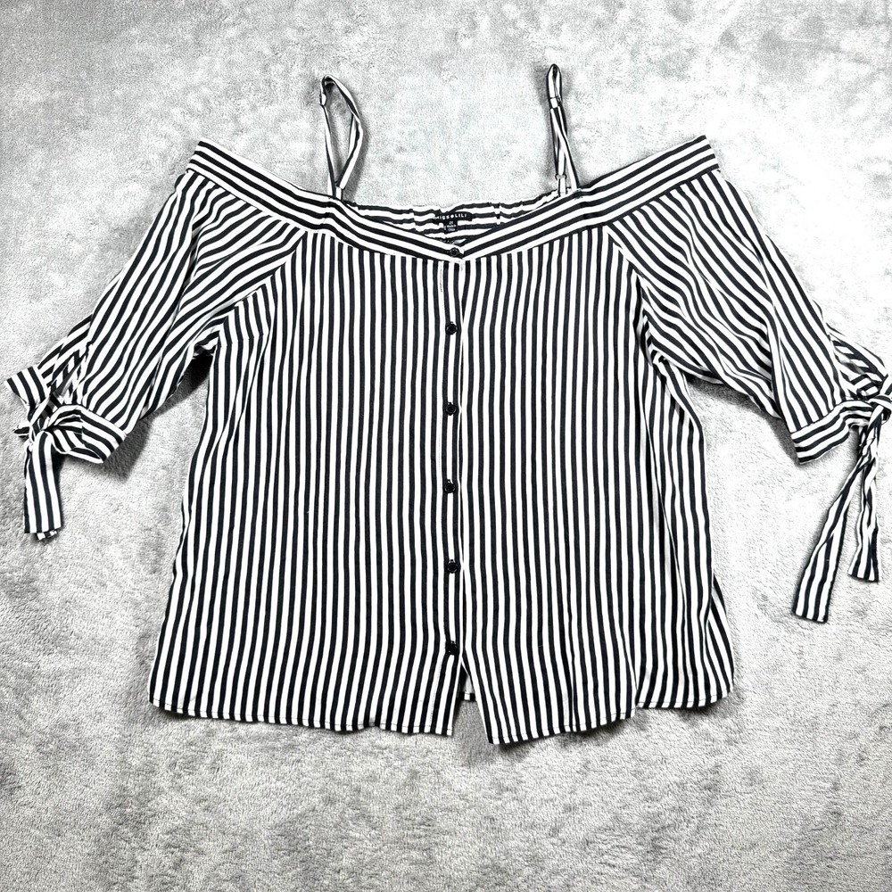 Hippie Off Shoulder Blouse Plus Size 2X Black White Button Tie Sleeve Front Boho